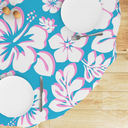White with Pink Hawaiian Flowers on Aqua Blue Round Tablecloth - Extremely Stoked