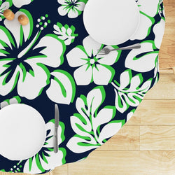White with Lime Green Hawaiian Flowers on Navy Blue Round Tablecloth - Extremely Stoked