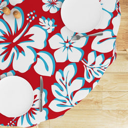 White with Aqua Blue Hawaiian Flowers on Red Round Tablecloth - Extremely Stoked