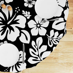 Black and White Hawaiian Flowers Round Tablecloth - Extremely Stoked
