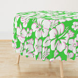 White with Pink Hawaiian Flowers on Lime Green Round Tablecloth - Extremely Stoked