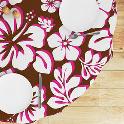 White with Hot Pink Hawaiian Flowers on Brown Round Tablecloth - Extremely Stoked
