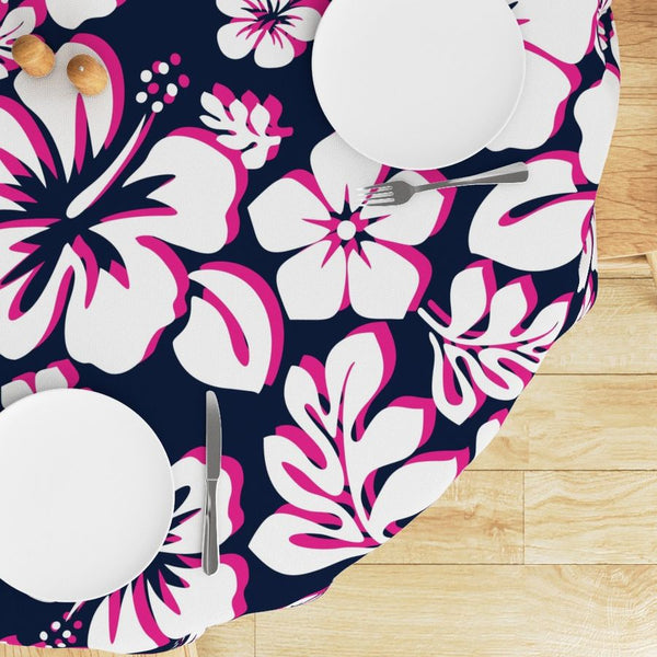 White with Hot Pink Hawaiian Flowers on Navy Blue Round Tablecloth - Extremely Stoked