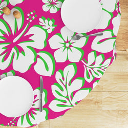White with Lime Green Hawaiian Flowers on Hot Pink Round Tablecloth - Extremely Stoked