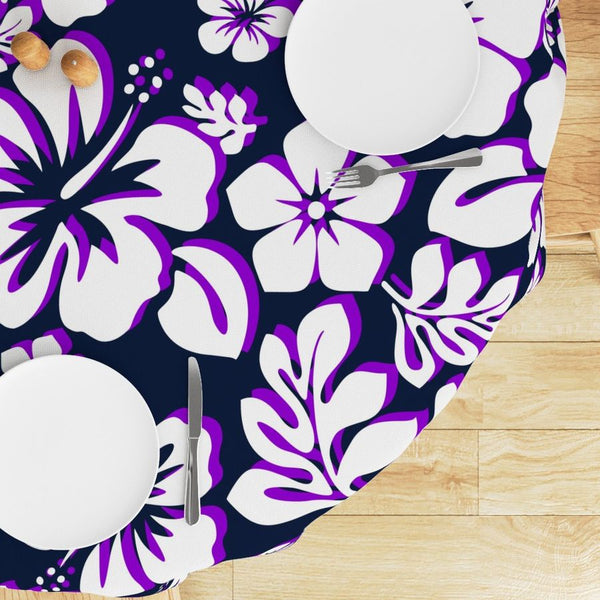 White with Purple Hawaiian Flowers on Navy Blue Round Tablecloth - Extremely Stoked