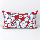 White and Aqua Blue Hawaiian Flowers on Red Lumbar Throw Pillow - Extremely Stoked