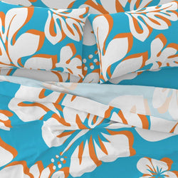 Aqua Blue, Orange and White Hawaiian Flowers Sheet Set from Surfer Bedding™️ Large Scale - Extremely Stoked