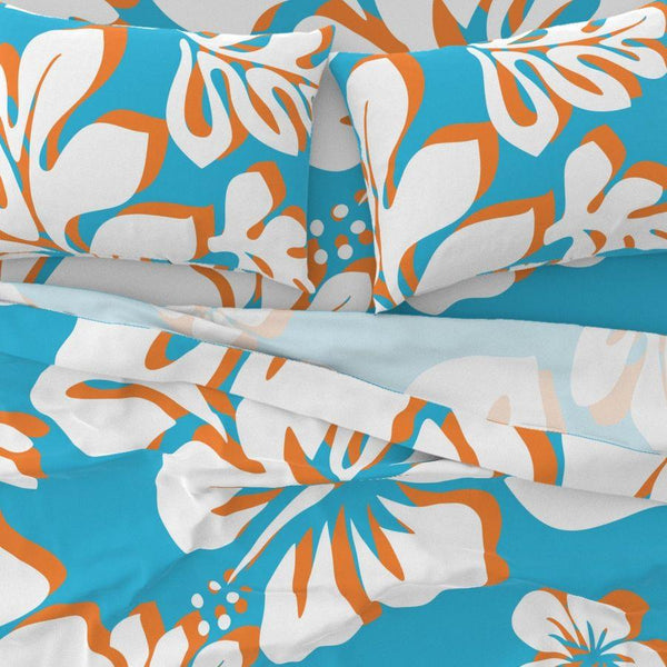 Aqua Blue, Orange and White Hawaiian Flowers Sheet Set from Surfer Bedding™️ Large Scale - Extremely Stoked