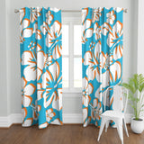 Aqua Blue, Orange and White Hawaiian Flowers Window Curtains - Extremely Stoked® Eco Beach Luxe Collection - Large Scale