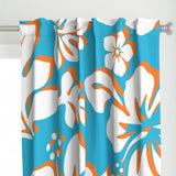 Aqua Blue, Orange and White Hawaiian Flowers Window Curtains - Extremely Stoked® Eco Beach Luxe Collection - Large Scale