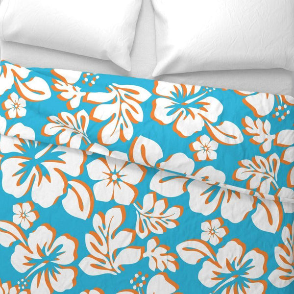 Aqua Blue, Orange and White Hawaiian Flowers Duvet Cover -Medium Scale - Extremely Stoked