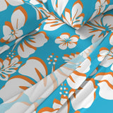 Aqua Blue, Orange and White Hawaiian Flowers Sheet Set from Surfer Bedding™️ Medium Scale - Extremely Stoked