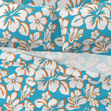 Aqua Blue, Orange and White Hawaiian Flowers Sheet Set from Surfer Bedding™️ Medium Scale - Extremely Stoked