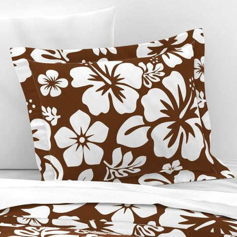 White Hawaiian Hibiscus Flowers on Brown Pillow Sham - Extremely Stoked