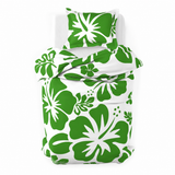 Fresh Green Hawaiian Flowers on White Duvet Cover – Large Scale – Extremely Stoked® Eco Luxe Beach Bedding