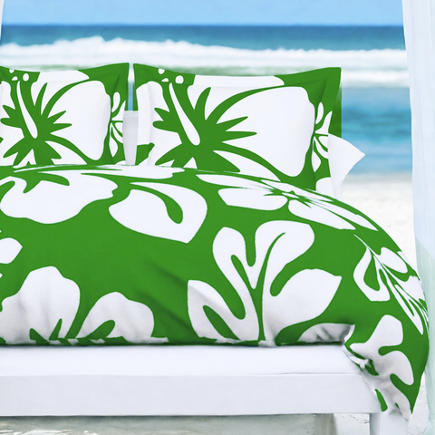 Fresh Green & White Hawaiian Flowers Duvet Cover – Large Scale – Extremely Stoked® Eco Luxe Beach Bedding