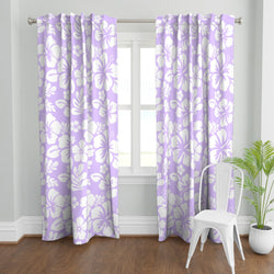 White Hawaiian Flowers on Lavender Window Curtains - Extremely Stoked® Eco Beach Luxe Collection - Medium Scale
