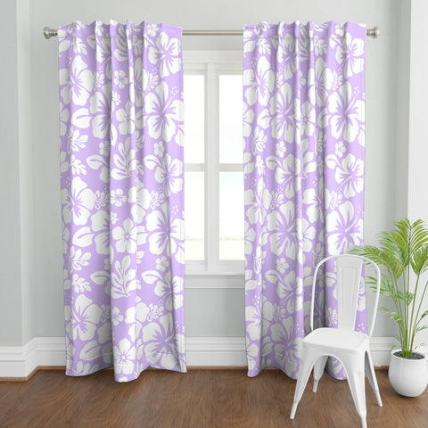 White Hawaiian Flowers on Lavender Window Curtains - Extremely Stoked® Eco Beach Luxe Collection - Medium Scale