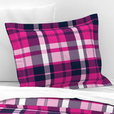 Preppy Surfer Hot Pink and Navy Blue Plaid Pillow Sham with Flanged Edge