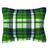 Preppy Surfer Fresh Green and Navy Blue Plaid Pillow Sham with Flanged Edge