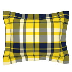 Preppy Surfer Yellow and Navy Blue Plaid Pillow Sham with Flanged Edge