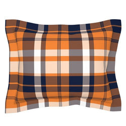 Preppy Surfer Orange and Navy Blue Plaid Pillow Sham with Flanged Edge