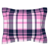 Preppy Surfer Pink and Navy Blue Plaid Pillow Sham with Flanged Edge