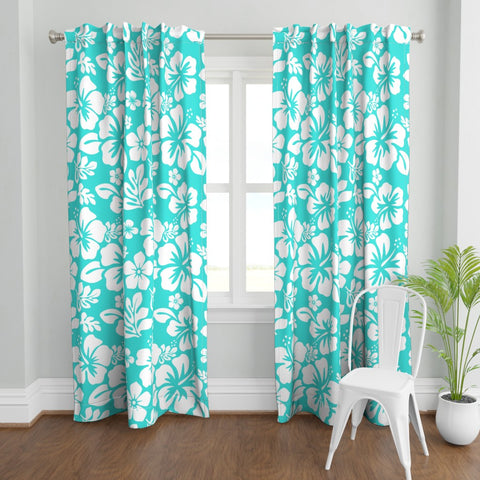 White Hawaiian Flowers on Turquoise Window Curtains - Extremely Stoked® Eco Beach Luxe Collection - Medium Scale