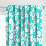 White Hawaiian Flowers on Turquoise Window Curtains - Extremely Stoked® Eco Beach Luxe Collection - Medium Scale