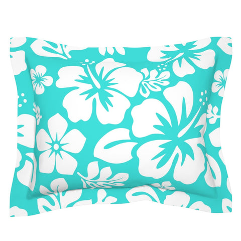 Turquoise and White Hawaiian Flowers Pillow Sham – Extremely Stoked® Eco Beach Luxe Collection