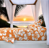 White Hawaiian Flowers on Juicy Orange Sheet Set from Surfer Bedding™️ Medium Scale - Extremely Stoked
