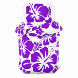 Purple Hawaiian Flowers on White Duvet Cover – Large Scale – Extremely Stoked® Eco Luxe Beach Bedding