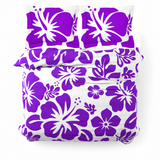 Purple Hawaiian Flowers on White Duvet Cover – Large Scale – Extremely Stoked® Eco Luxe Beach Bedding