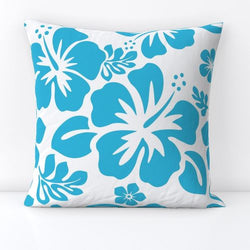 Aqua Ocean Blue Hawaiian Flowers on White Throw Pillow - Extremely Stoked