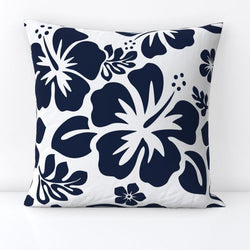 Navy Blue Hawaiian Flowers on White Throw Pillow - Extremely Stoked