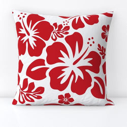Red Hawaiian Flowers on White Throw Pillow - Extremely Stoked