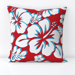 White and Aqua Ocean Blue Hawaiian Flowers on Red Throw Pillow - Extremely Stoked