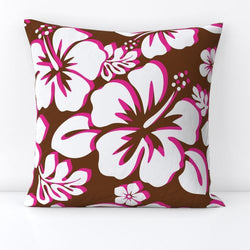 White and Hot Pink Hawaiian Flowers on Brown Throw Pillow - Extremely Stoked