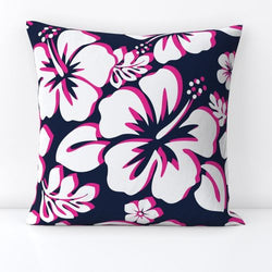 White and Hot Pink Hawaiian Flowers on Navy Blue Throw Pillow - Extremely Stoked