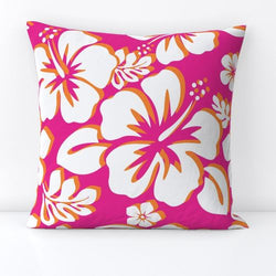 White and Orange Hawaiian Flowers on Hot Pink Throw Pillow - Extremely Stoked