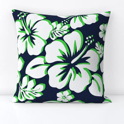 White and Lime Green Hawaiian Flowers on Navy Blue Throw Pillow - Extremely Stoked