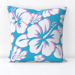 White and Pink Hawaiian Flowers on Aqua Ocean Blue Throw Pillow - Extremely Stoked