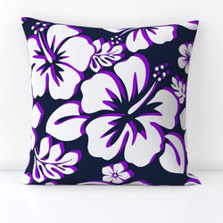 White and Purple Hawaiian Flowers on Navy Blue Throw Pillow - Extremely Stoked