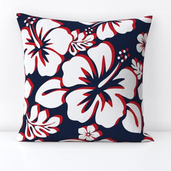 White and Red Hawaiian Flowers on Navy Blue Throw Pillow - Extremely Stoked