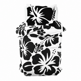 Black Hawaiian Flowers on White Duvet Cover – Large Scale – Extremely Stoked® Eco Luxe Beach Bedding