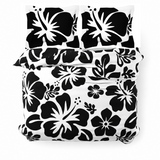 Black Hawaiian Flowers on White Duvet Cover – Large Scale – Extremely Stoked® Eco Luxe Beach Bedding