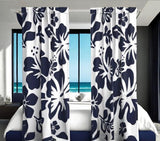 Navy Blue Hawaiian Flowers on White Window Curtains - Extremely Stoked