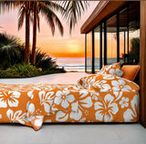 White Hawaiian Flowers on Juicy Orange Sheet Set from Surfer Bedding™️ Medium Scale - Extremely Stoked