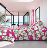 Preppy Surfer Girl Pink, Lime Green and White Hawaiian and Hibiscus Flowers Sheet Set from Surfer Bedding™️ Medium Scale - Extremely Stoked