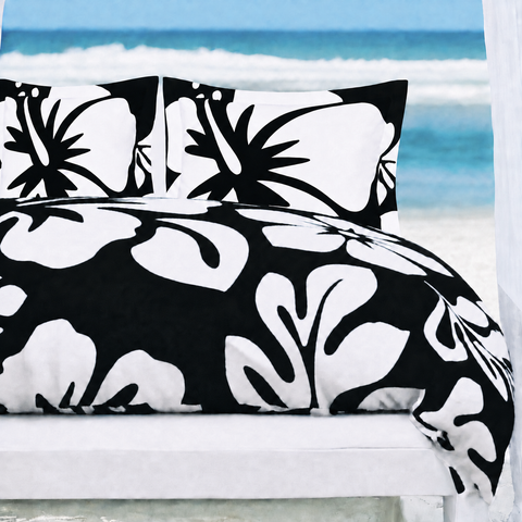 Black & White Hawaiian Flowers Duvet Cover – Large Scale – Extremely Stoked® Eco Luxe Beach Bedding